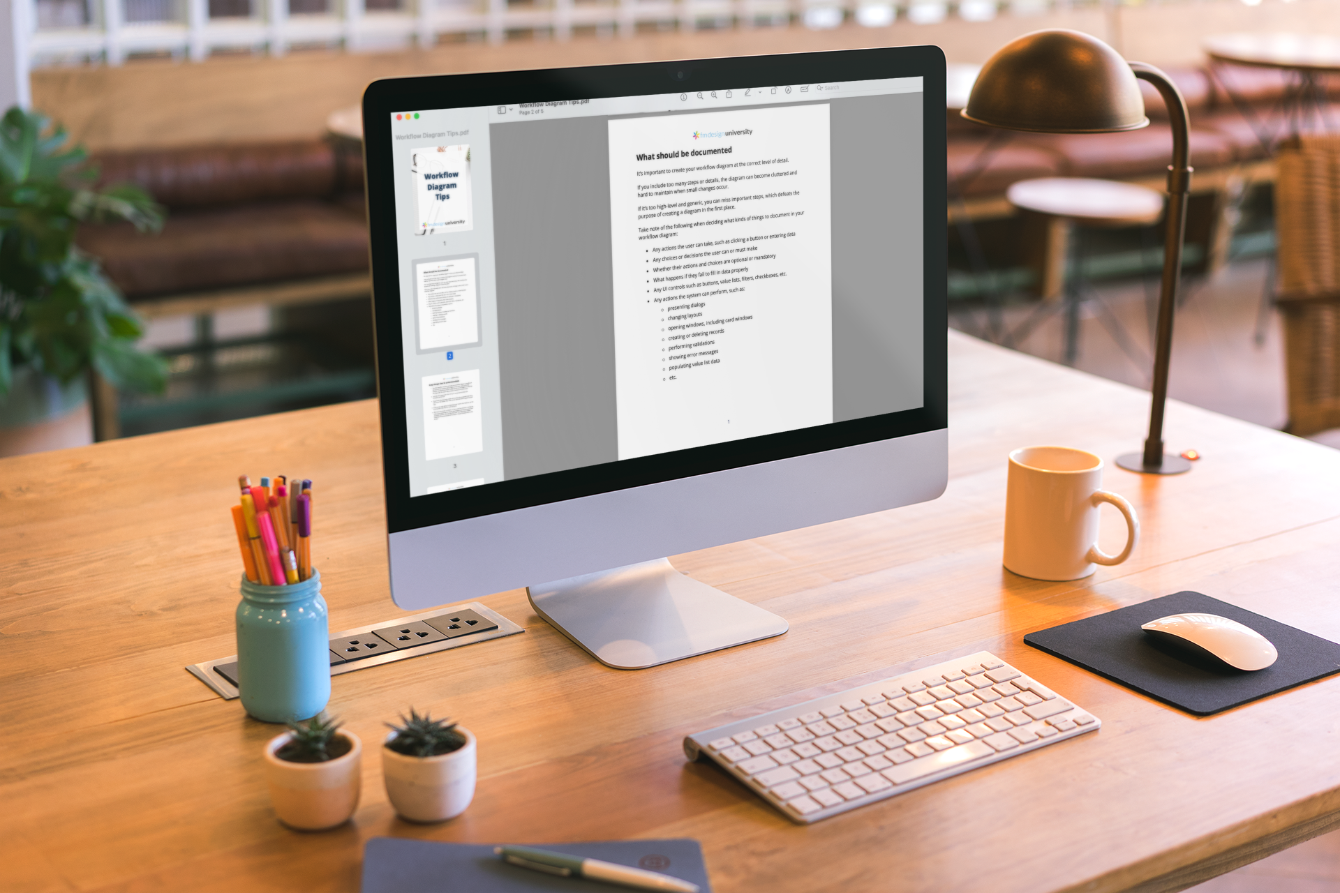 mockup featuring an imac set up on a beautiful wooden desk